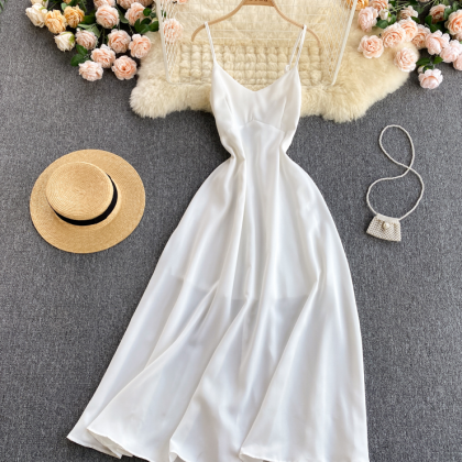 A Line White V Neck Dress Summer Dress