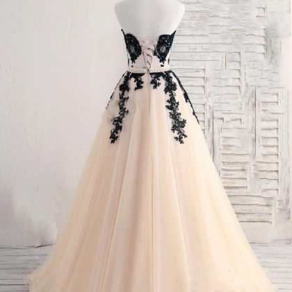 Champagne And Black Lace Formal Prom Dress