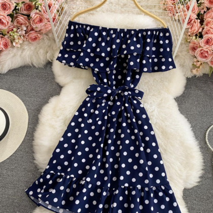 Cute Polka Dot Dress Off Shoulder Dress