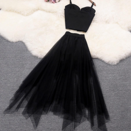 Black A Line Tulle Two Pieces Fashion Dress