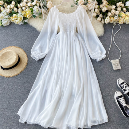 Stylish A Line Long Sleeve White Chiffon Dress