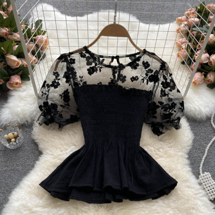 Black Lace Short Sleeve Tops