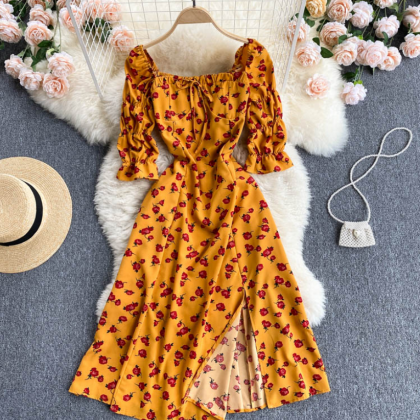 A Line Square Summer Dress Fashion Floral Dress