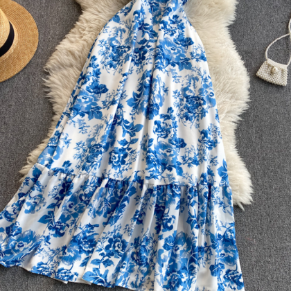 Vintage Pleated Dress Summer Floral Blue Dress