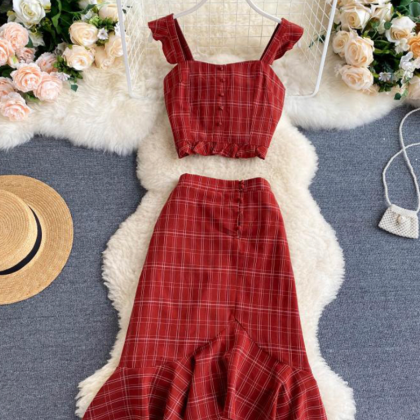 Stylish Slim Two-piece Lattice Set Summer Dress