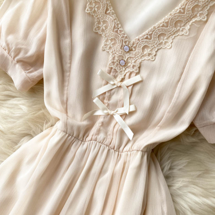 Pleated Sweetheart Neck Lace Ruffles Chiffon Dress Lemon
