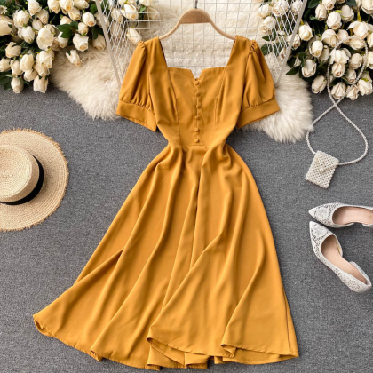 Cute Square Neck Puff Sleeves Summer Dress