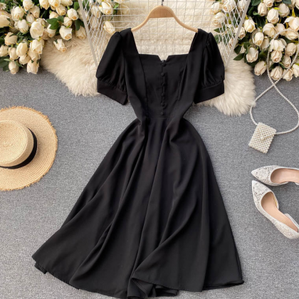 Cute Square Neck Puff Sleeves Summer Dress
