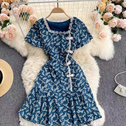 Vintage Floral Dress, Slim Short Flounce Dress