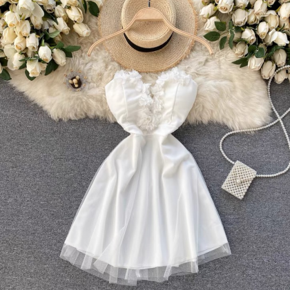 Sweet,applique Flowers, V-neck Mini Dress,..