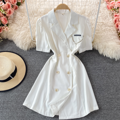 Sweet Double-breasted Short-sleeved Suit Dress
