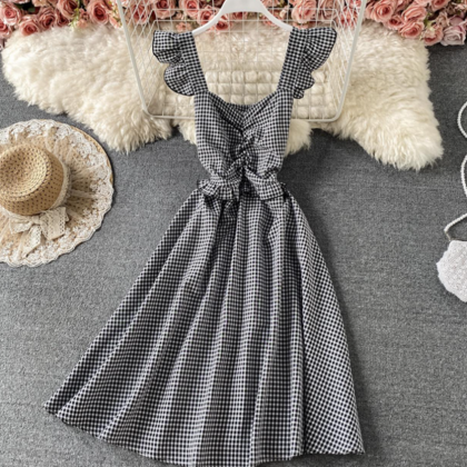 Cute plaid short dress A line dress