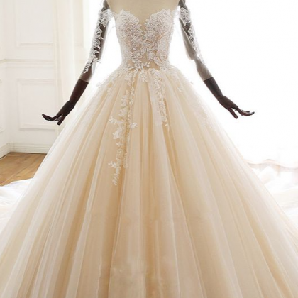 Champagne Long Sleeves Tulle Wedding Dress..