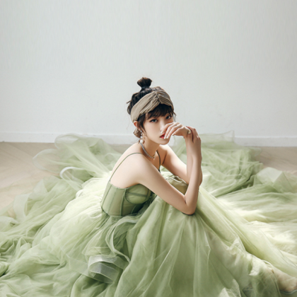 A Line Prom Dress Green Tulle Long Evening Dress