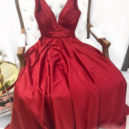 V Neck Red Satin Prom Dress Evening Dress