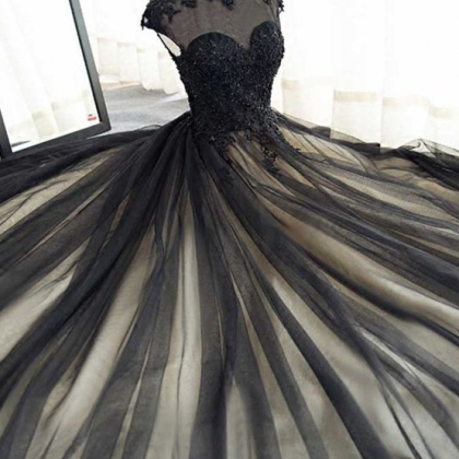 Black Tulle Lace Long Prom Dress