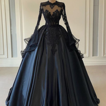 Long Sleeve Black Satin Wedding Dress, African..