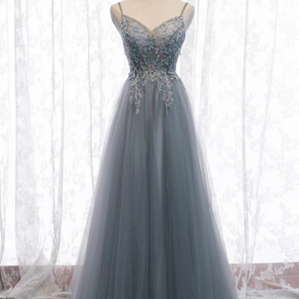 Gray Tulle Spaghetti Straps Sequins Prom Dress