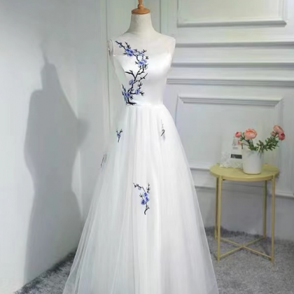 Fashion White Embroidery Prom Dress Tulle Long..