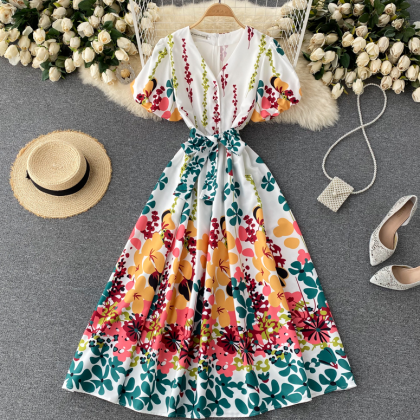 Cute A Line V Neck Floral Dress