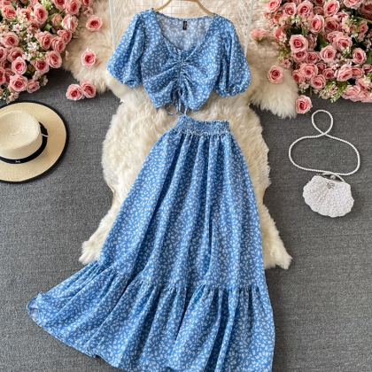 Cute Floral Two Pieces Dress