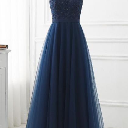 Navy Blue Tulle Applique Long Formal Dress, Junior..