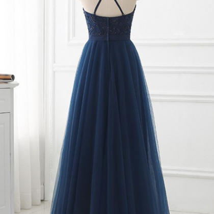 Navy Blue Tulle Applique Long Formal Dress, Junior..