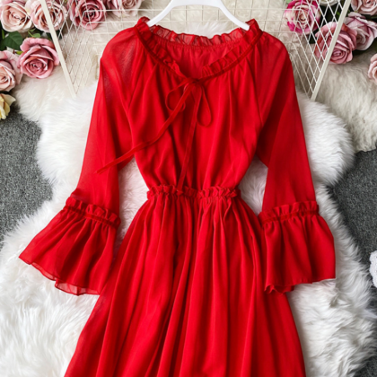 A Line Red Chiffon Dress Fashion Girl Dress