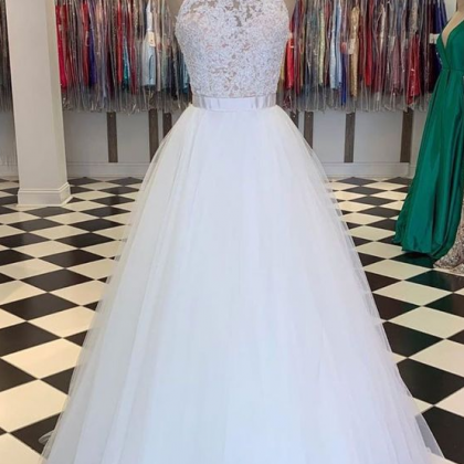 High Neck Tulle Lace Long Prom Dress White Lace..