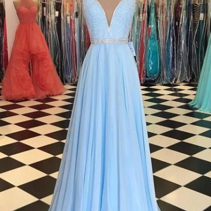 Light Blue Spaghetti Straps A Line Prom Dress,..