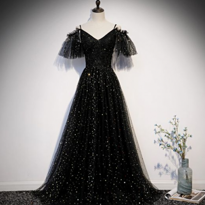 A Line Black Tulle Lace Long Prom Dress Formal..
