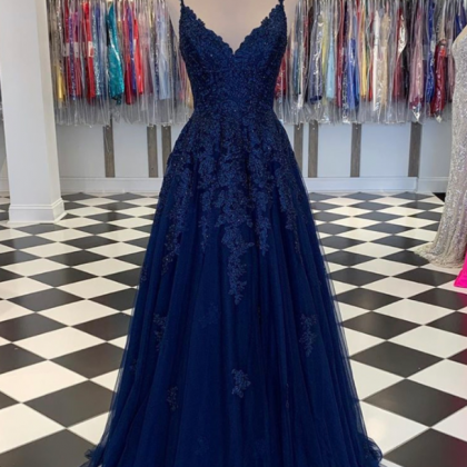 A Line Blue V Neck Lace Prom Dress Evening Dress