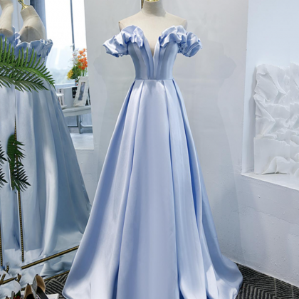 A Line Blue Satin Long Prom Dress Blue Evening..