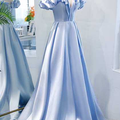 A Line Blue Satin Long Prom Dress Blue Evening..
