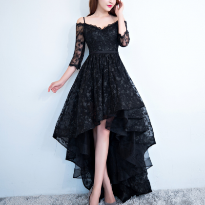High Low V-neckline Straps Black Lace Formal Dress..