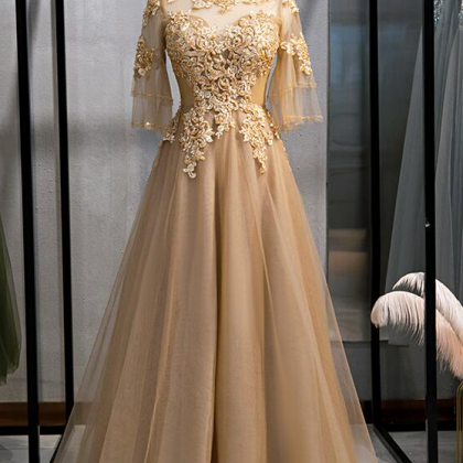 Champagne Short Sleeves Tulle Evening Dress Formal..