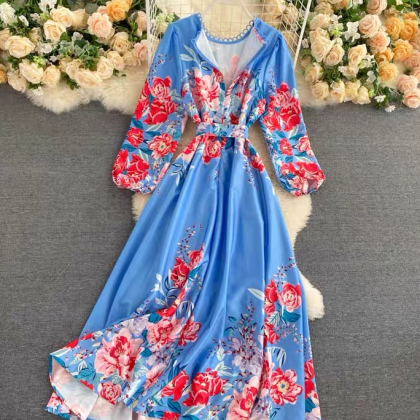 Printed Maxi Dress, Puffed Sleeves Vintage Dress