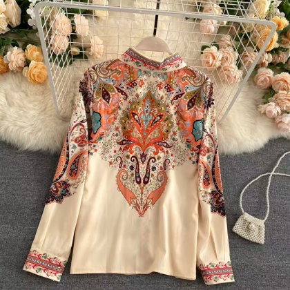 Printed Top With Lapels, Long Sleeves, Loose,..