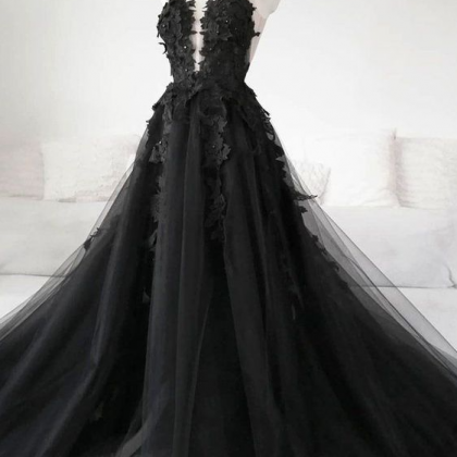 A Line Black Lace Tulle Long Prom Gown Black..