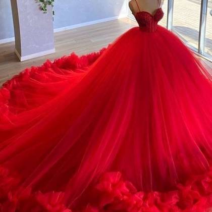Beauty Spaghetti Straps Red Beading Bodice Tulle..