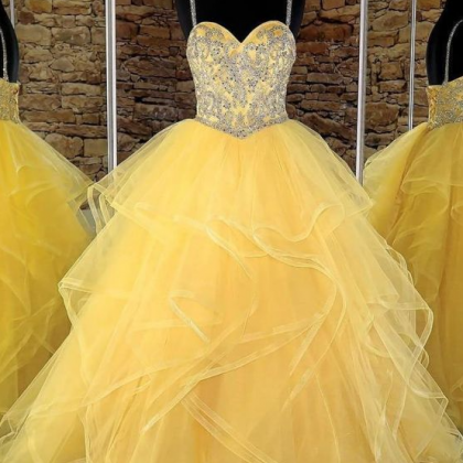 Retro Ball Gown Sweetheart Tulle Yellow Party Dress Prom Dress Evening Dress main image 1