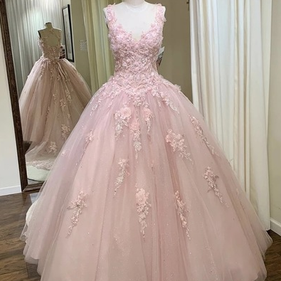 A Line Pink Tulle Long Sweet 16 Prom Dress