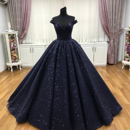 Navy Blue V Neck Ball Gown Prom Dress
