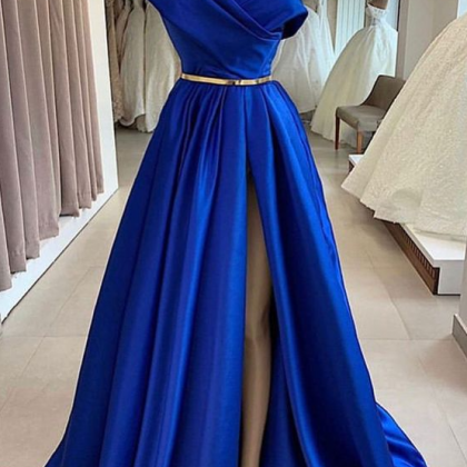 Royal Blue Floor Length Prom Dress With High Slit