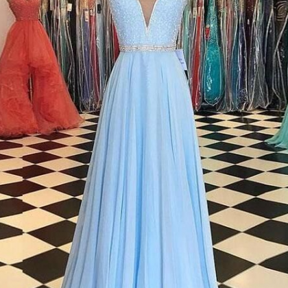 Light Blue Chiffon Prom Dress,mermaid Prom Dress,v..