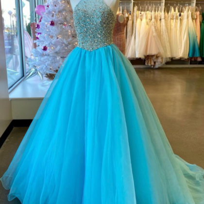 Mermaid Blue Tulle Beads Long Prom Dress Sexy..