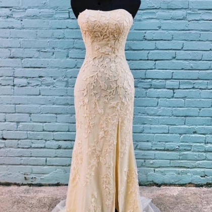 Lace Appliques Long Strapless Prom Dress With Side..