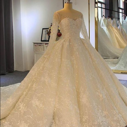 Long Sleeve Lace-Up Ball Gown Weddi..
