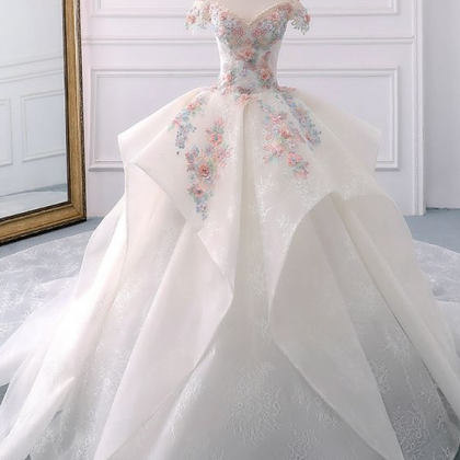 Off The Shoulder Flower Ball Gown Lace Wedding..