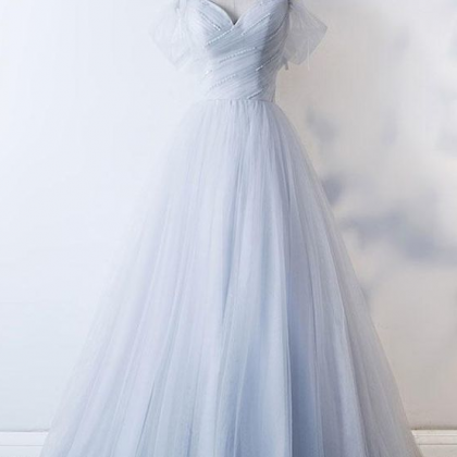 Simple Gray Sweetheart Tulle Long Prom Dress, Sexy..